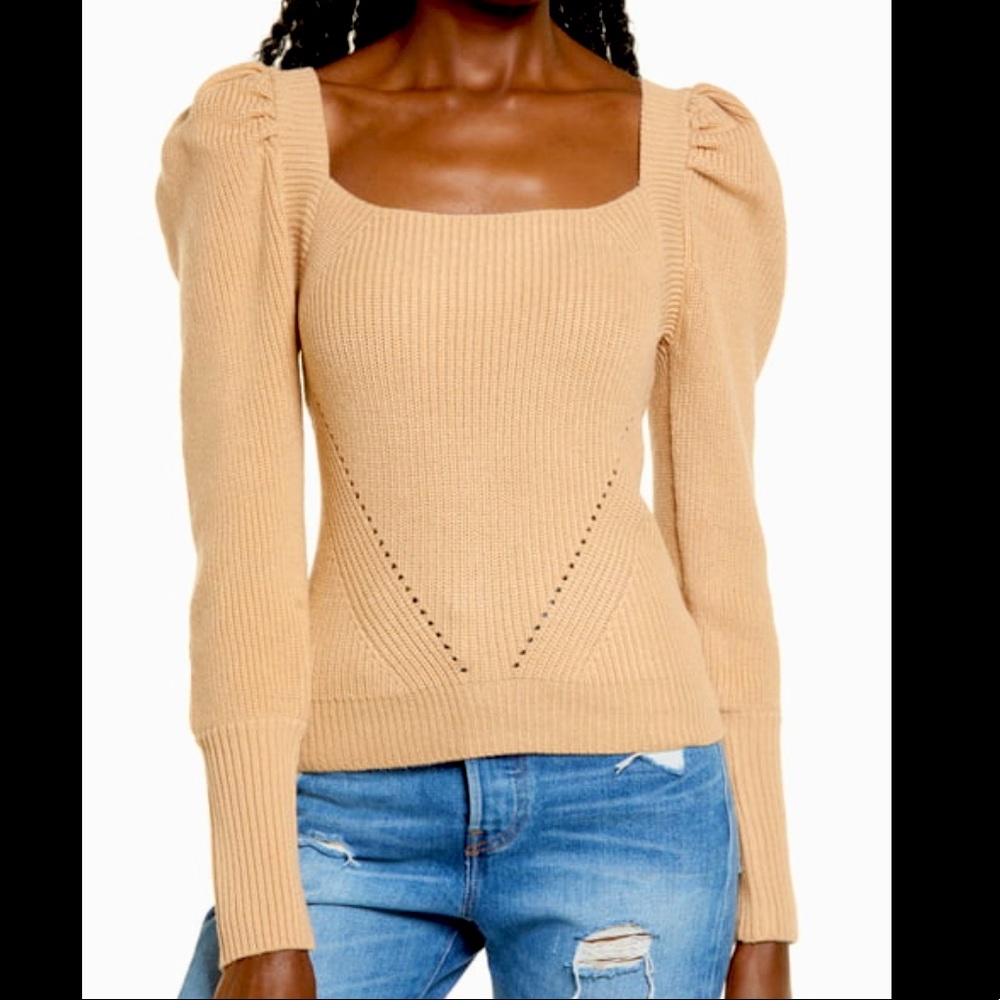 WAYF Leland Tie Back Puff Sleeve Sweater Camel M